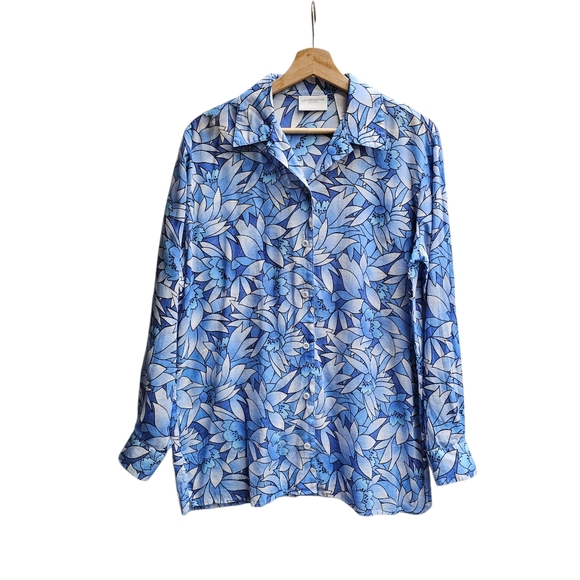 Vintage LIZSPORT Blue Floral Semi-sheer Button-Up Shirt Oversized Size Medium - Picture 1 of 12